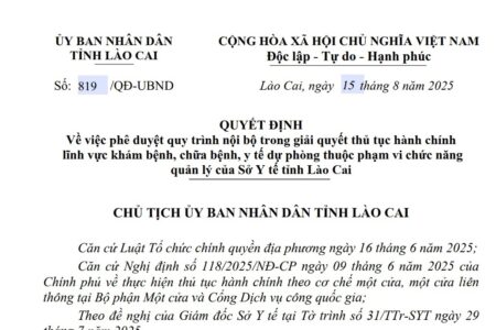 Quyết định về việc phê duyệt quy trình nội bộ trong giải quyết thủ tục hành chính lĩnh vực khám bệnh, chữa bệnh, y tế dự phòng thuộc phạm vi chức năng quản lý của Sở Y tế tỉnh Lào Cai