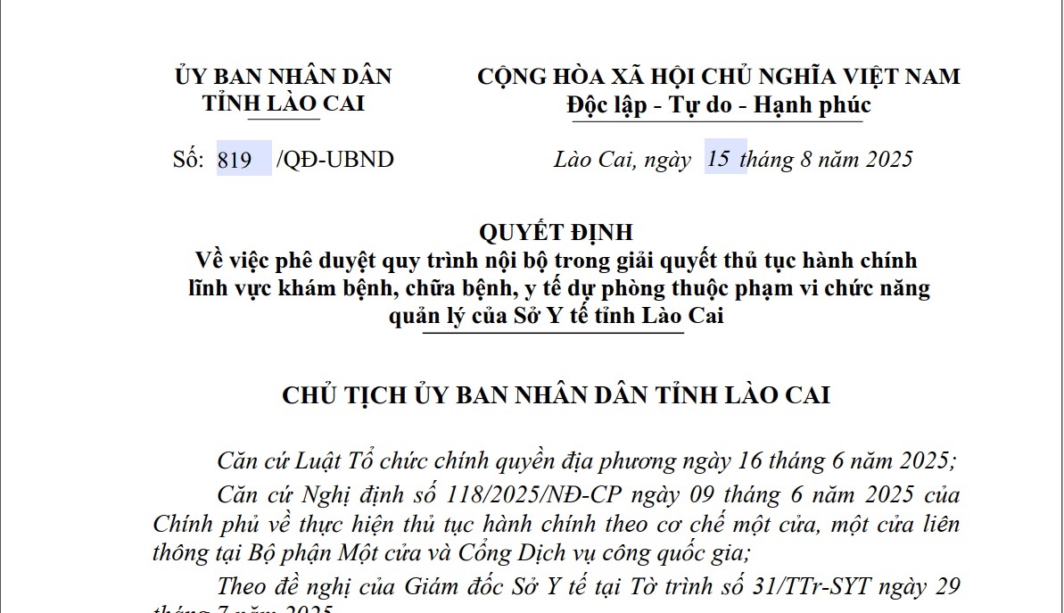 Quyết định về việc phê duyệt quy trình nội bộ trong giải quyết thủ tục hành chính lĩnh vực khám bệnh, chữa bệnh, y tế dự phòng thuộc phạm vi chức năng quản lý của Sở Y tế tỉnh Lào Cai