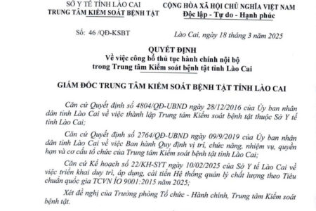 Quyết định về việc công bố thủ tục hành chính nội bộ trong trung tâm kiểm soát bệnh tật tỉnh Lào Cai